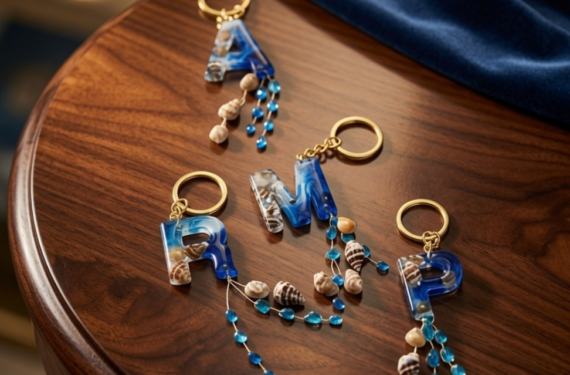 Handcrafted Personalized Resin Alphabet Keychain with Seashell & Bead Tassels